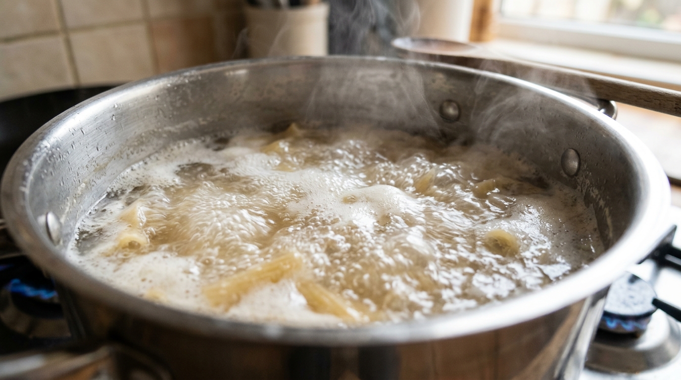 Eau de cuisson des pâtes riche en amidon bouillonnante
