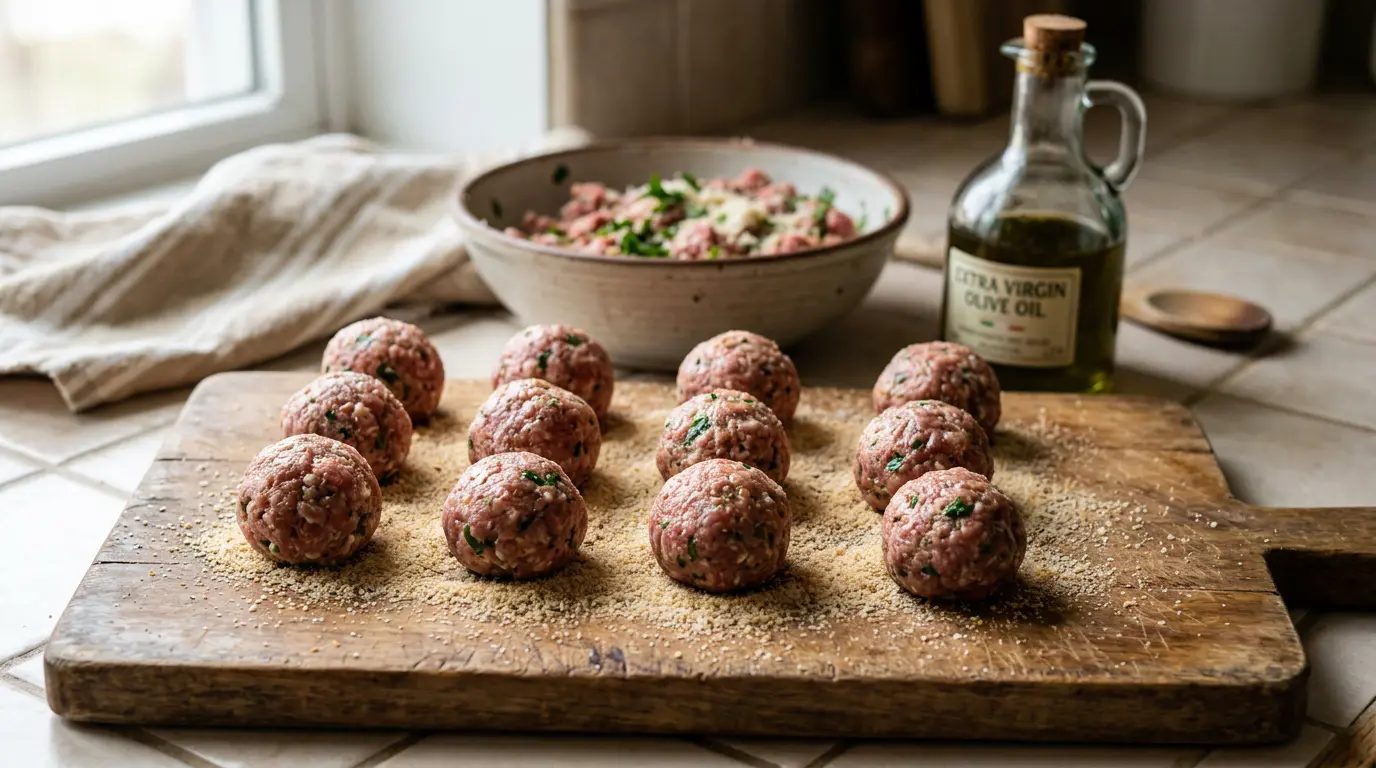 Boulettes de viande crues façonnées à la main sur une planche en bois