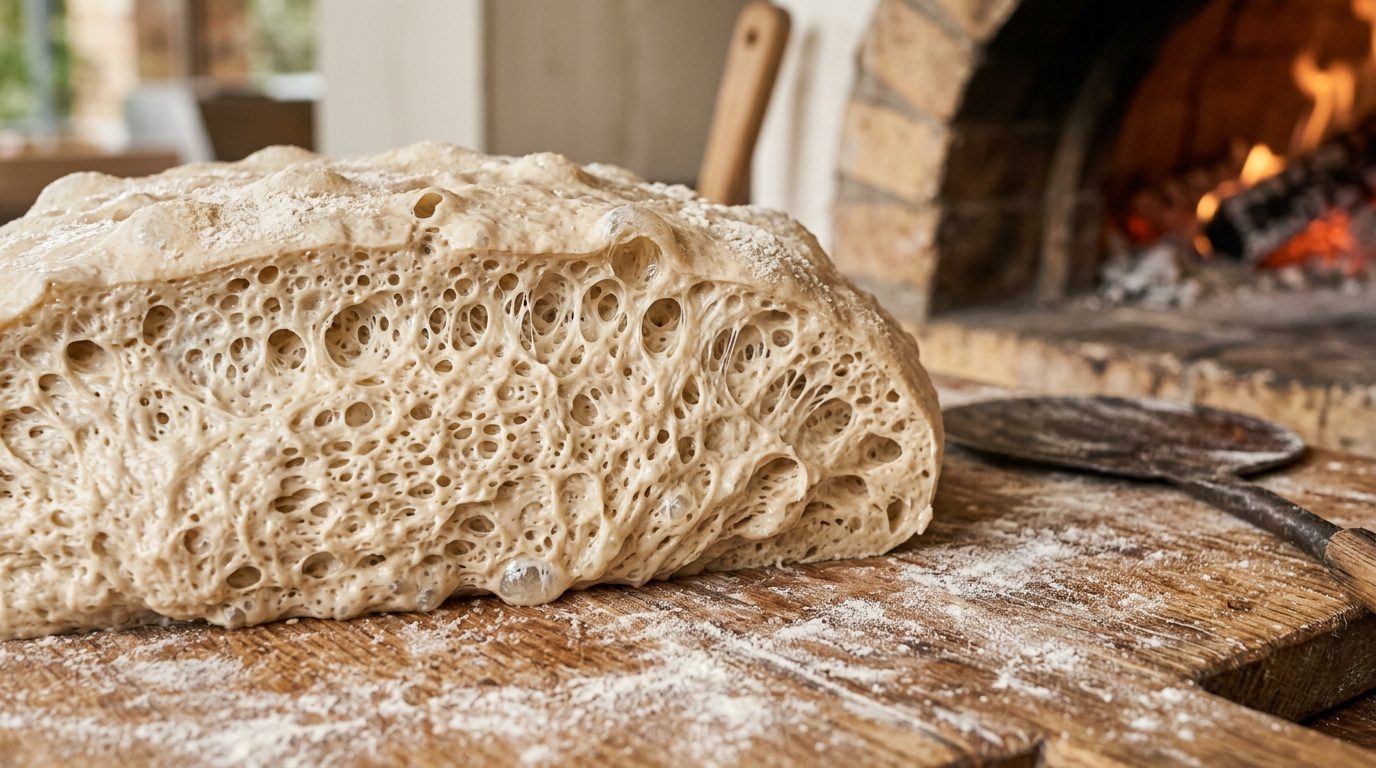 Pâte à pizza alvéolée en pleine fermentation lente sur une planche en bois
