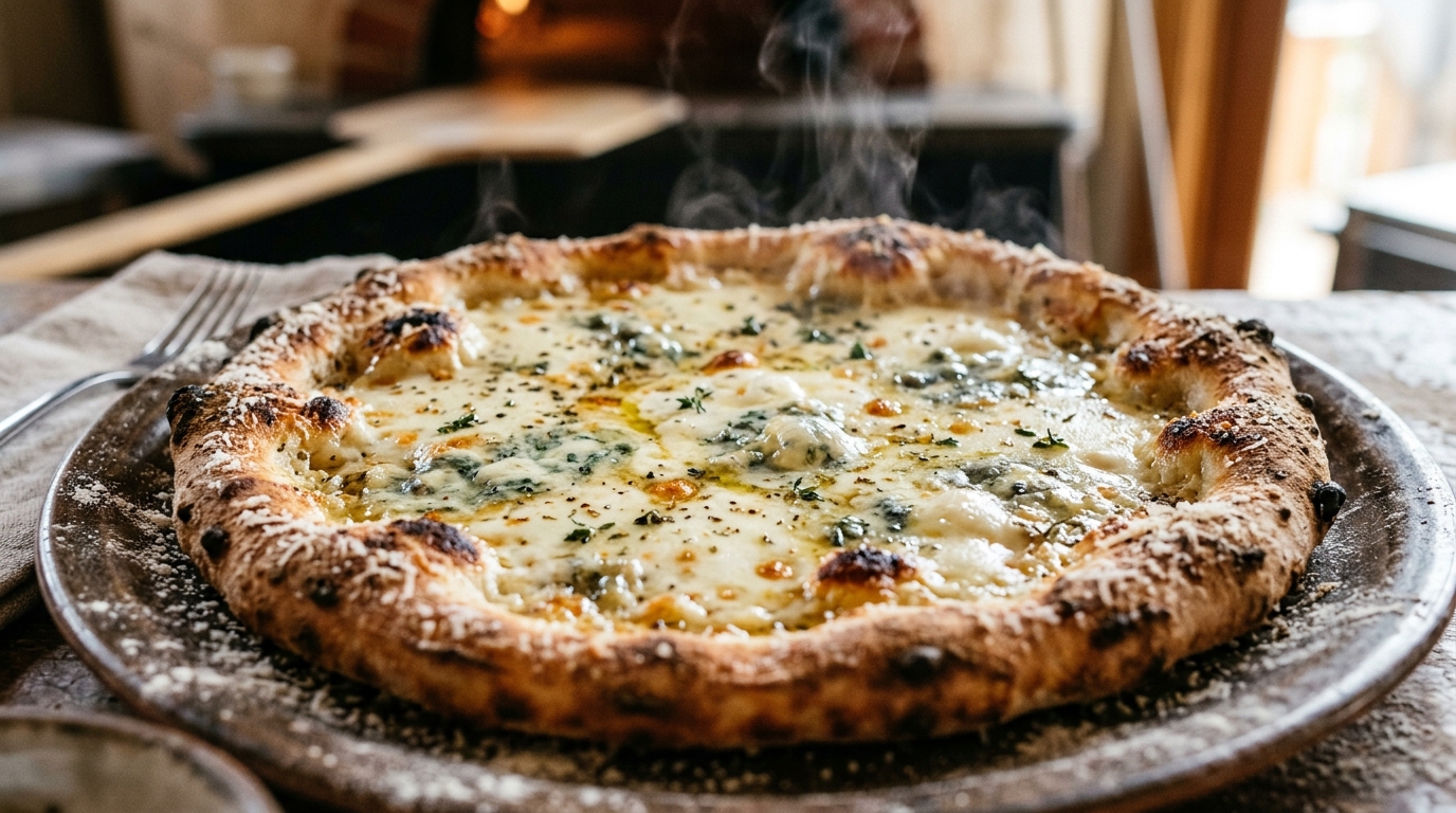 Pizza blanche gourmande avec un mélange de fromages fondus et gorgonzola