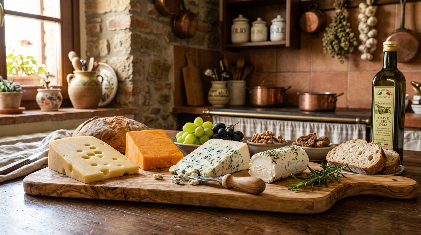 Planche en bois présentant de l'emmental, du cheddar, du gorgonzola et du chèvre