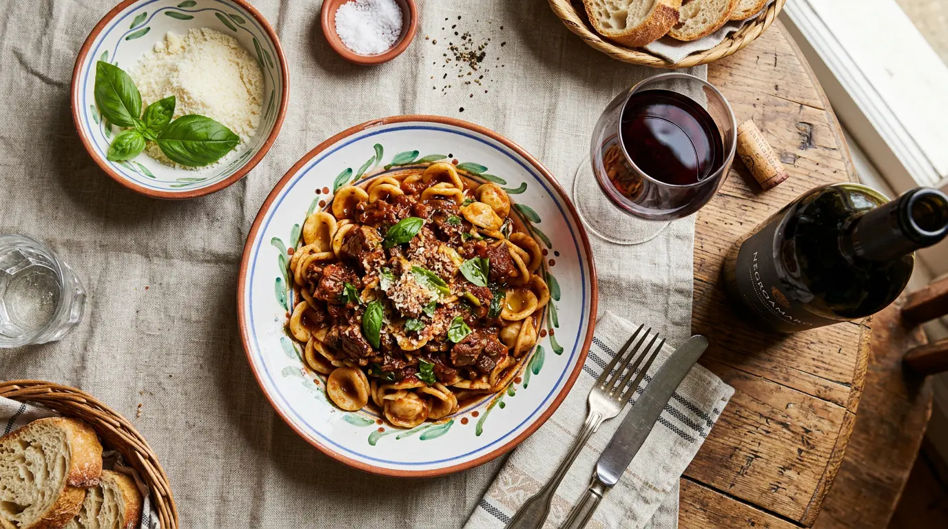 Plat traditionnel d'orecchiette à la sauce tomate accompagné d'un verre de Negroamaro