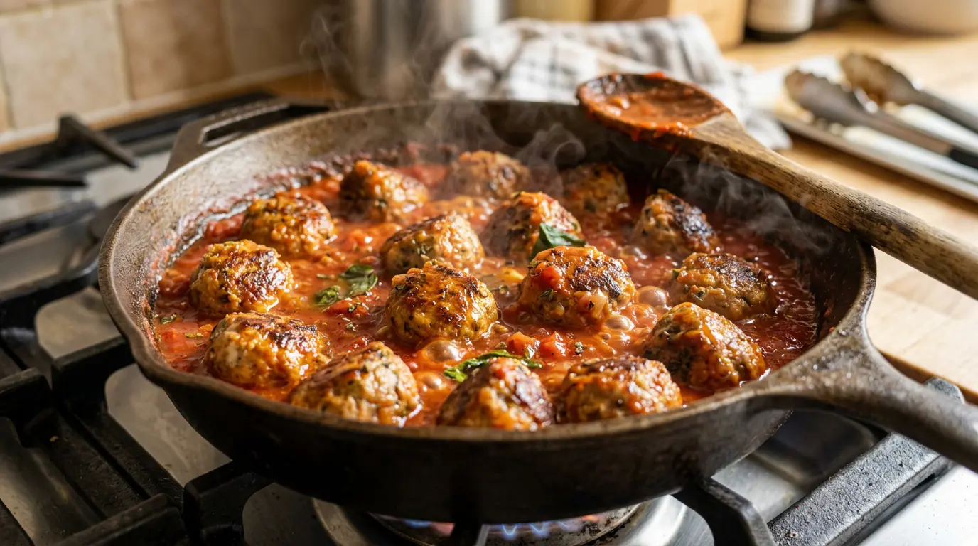 Mijotage lent des polpettes dans une poêle en fonte avec sauce tomate