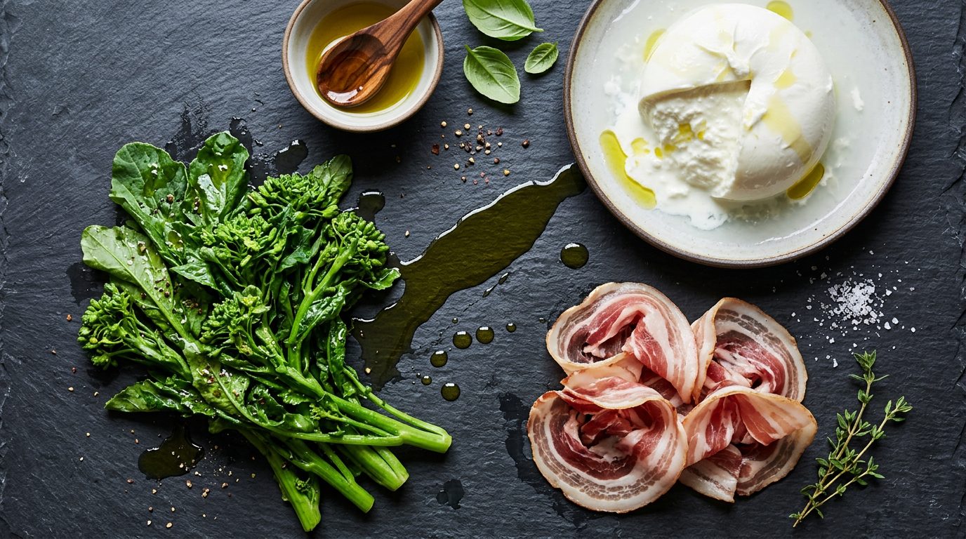 Ingrédients traditionnels italiens : mozzarella di bufala, pancetta et friarielli