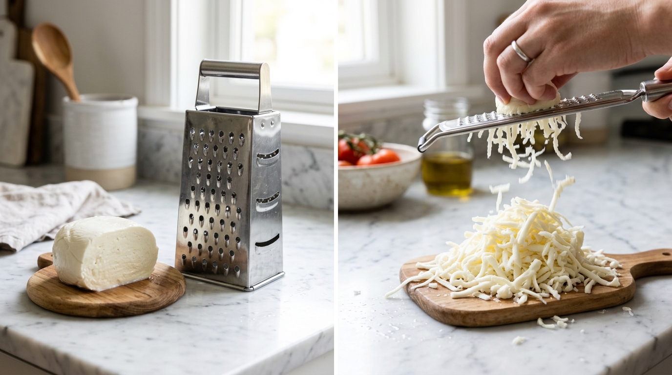 Comparaison entre un bloc de mozzarella entier et du fromage fraîchement râpé