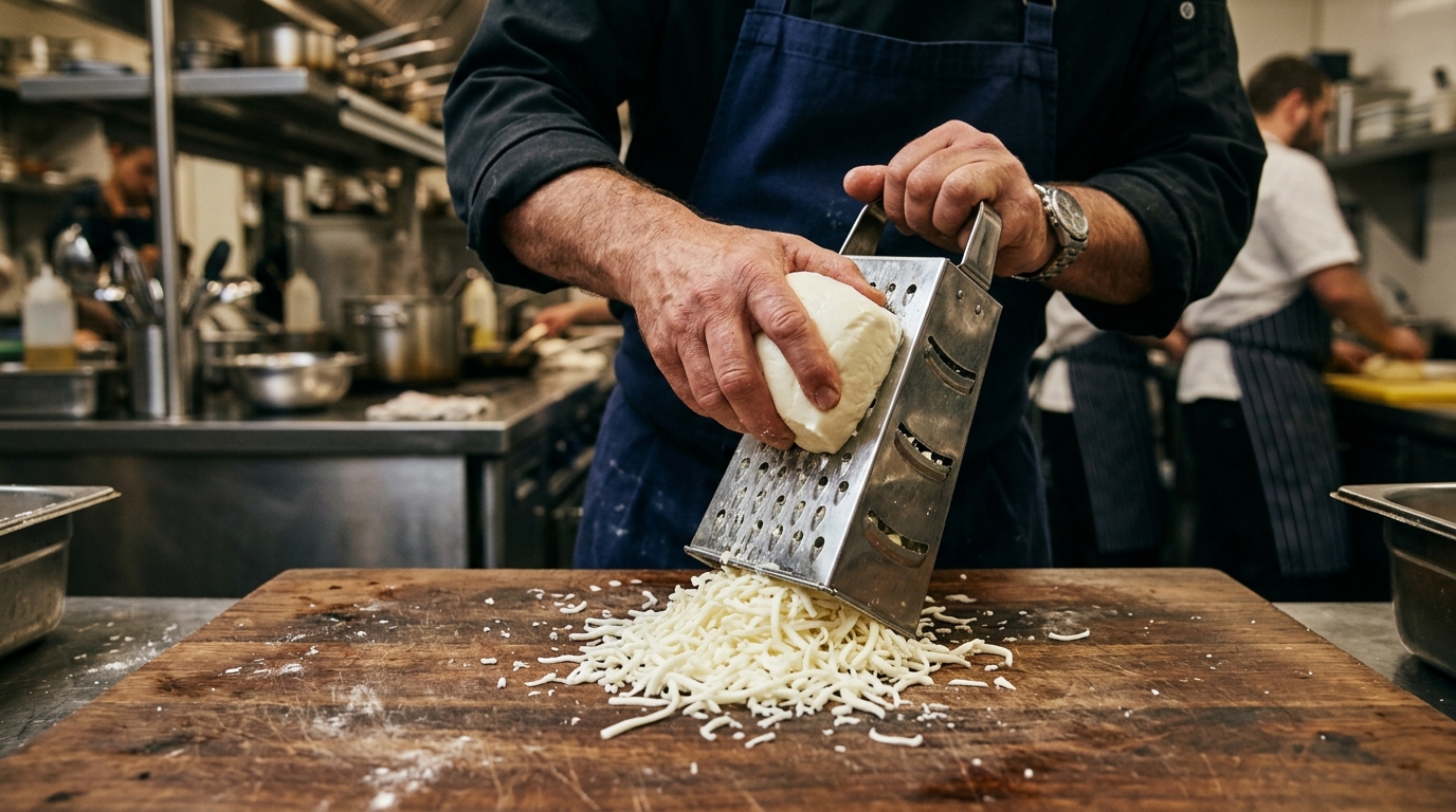 Chef râpant manuellement un bloc de mozzarella pour éviter les anti-agglomérants