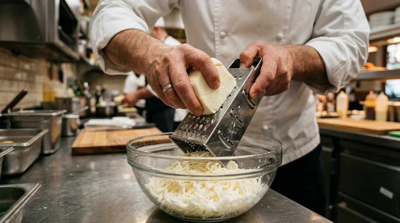 Chef râpant manuellement un bloc de mozzarella pour éviter les additifs
