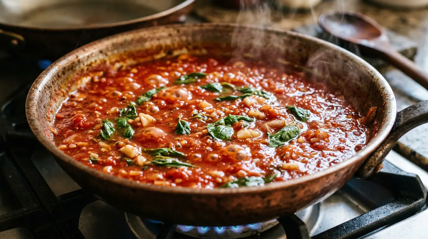 Sauce tomate riche au basilic mijotant doucement dans une casserole en cuivre