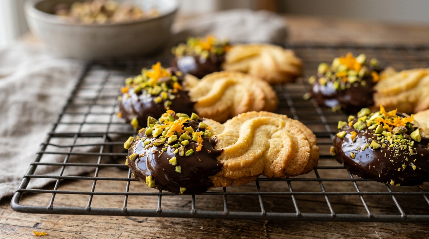 Spritz de Noël décorés avec du chocolat noir et des pistaches