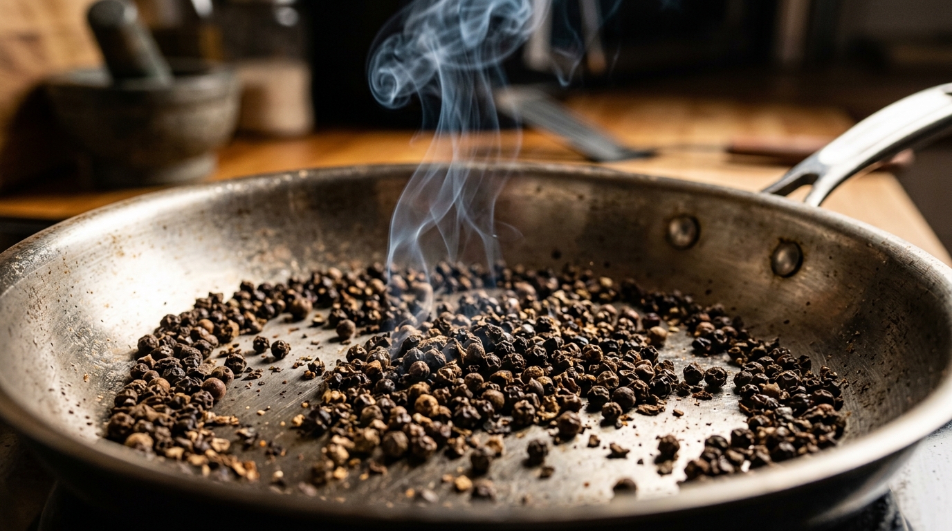 Torréfaction à sec des grains de poivre noir concassés dans une poêle