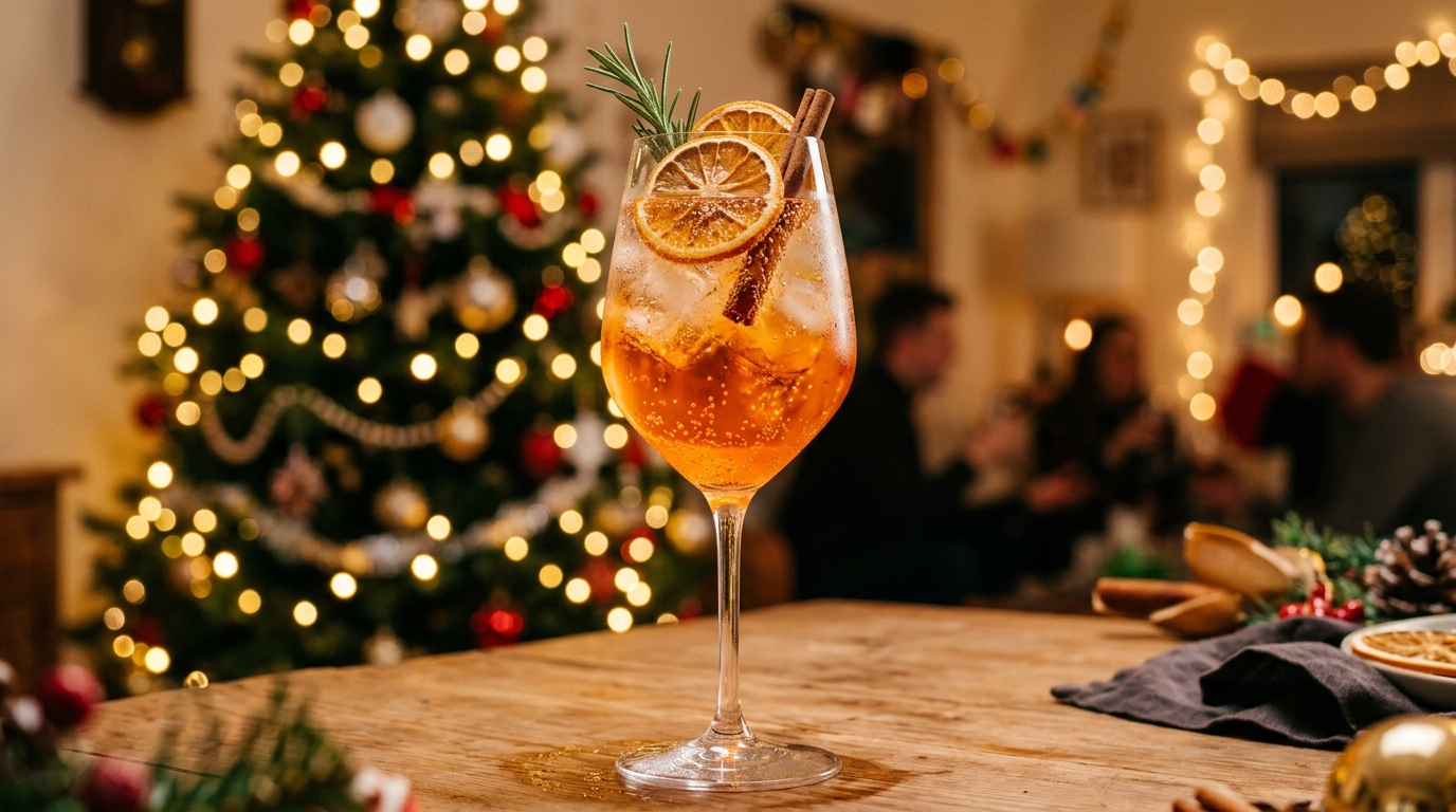 Cocktail Spritz de Noël à l'orange et aux épices dans un verre à pied