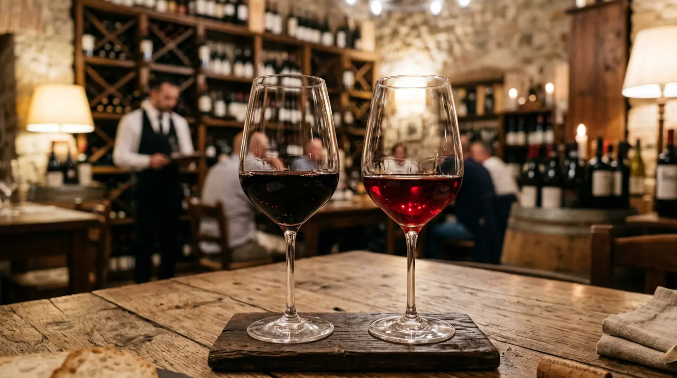 Comparaison visuelle entre un verre de vin Negroamaro et un verre de Primitivo