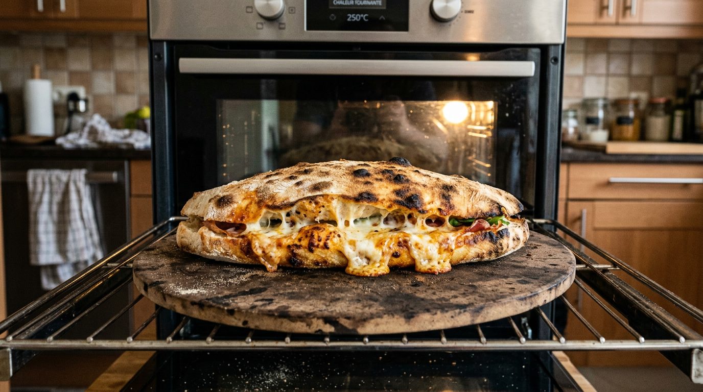 Cuisson d'un panuozzo sur une pierre réfractaire dans un four domestique
