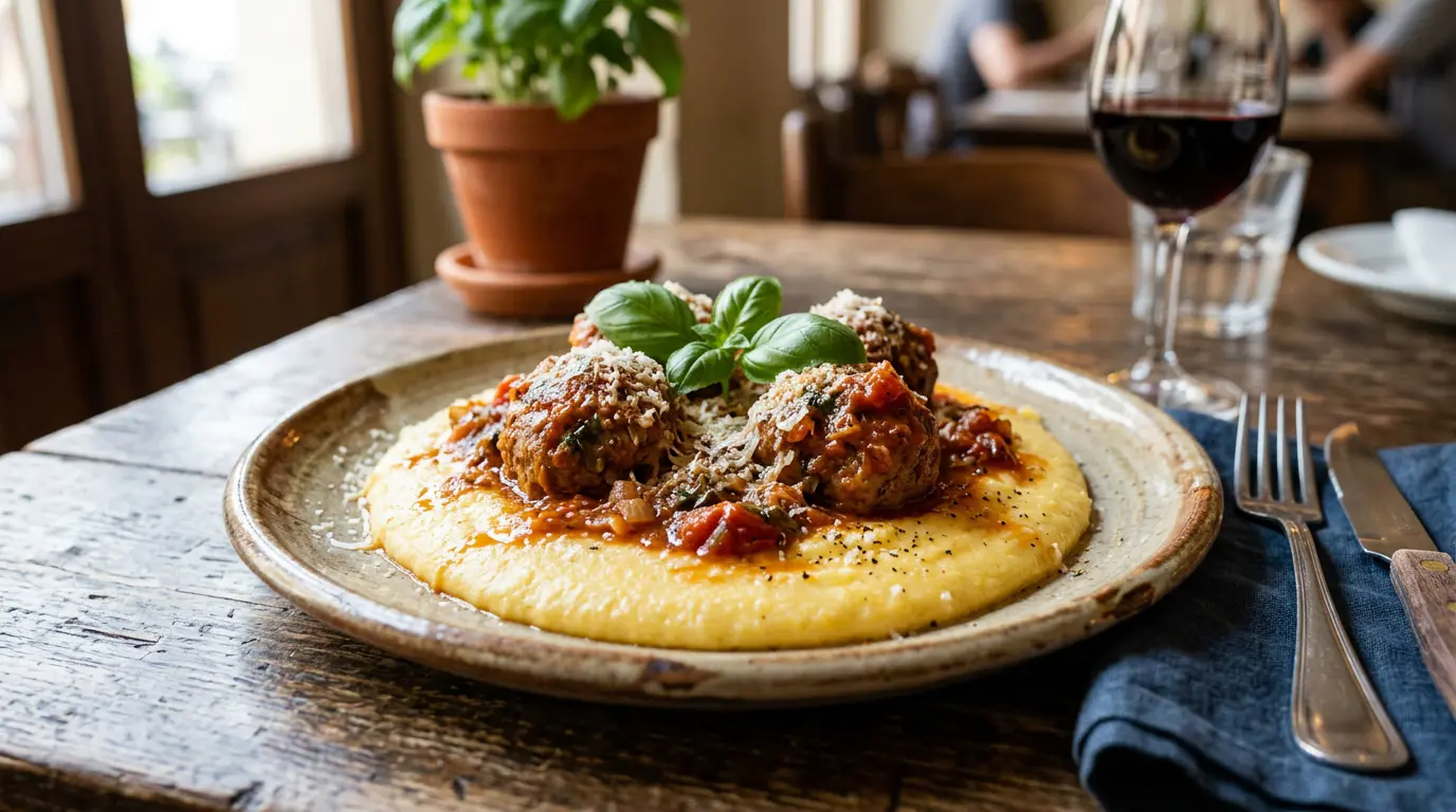 Assiette de polpette della nonna servies sur une polenta crémeuse avec du parmesan