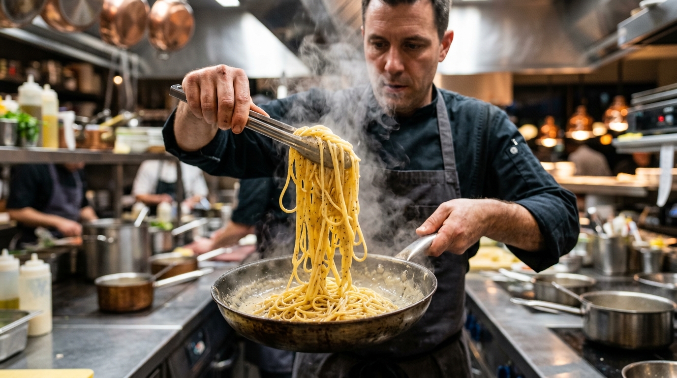 Mélange vigoureux des spaghetti dans la poêle pour créer l'émulsion crémeuse