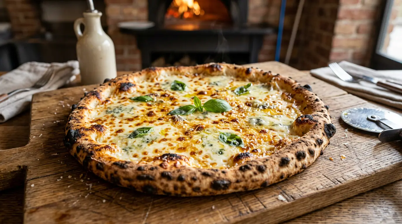Pizza quatre fromages avec mozzarella, gorgonzola et parmesan fondus