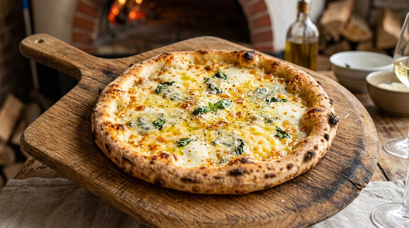 Pizza quatre fromages parfaitement cuite avec un mélange harmonieux et doré