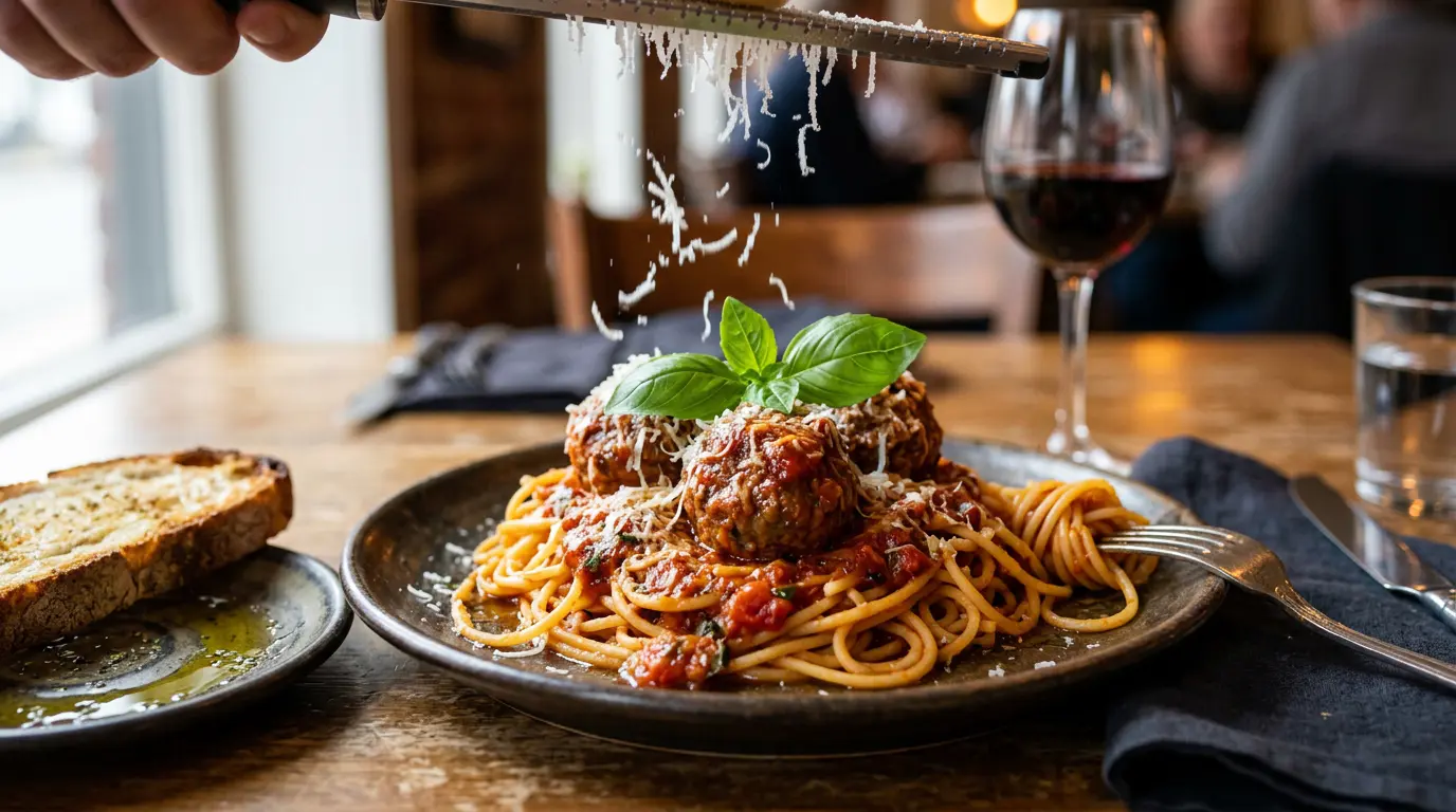 Assiette de spaghettis aux boulettes de viande italiennes saupoudrée de parmesan