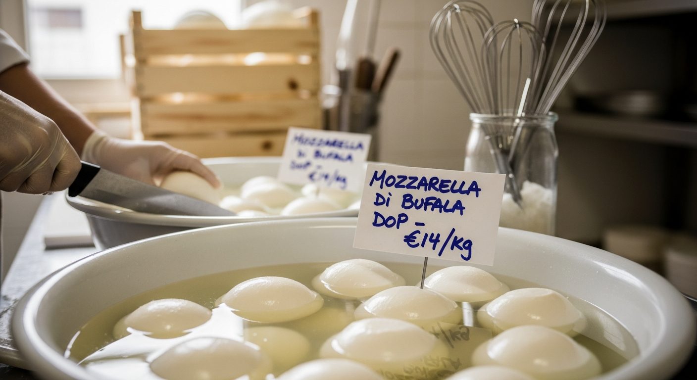 Mozzarella fraîche DOP dans bac de saumure chez un fromager italien