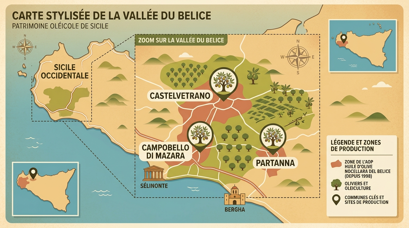 Carte Vallée du Belice communes production olive Nocellara AOP