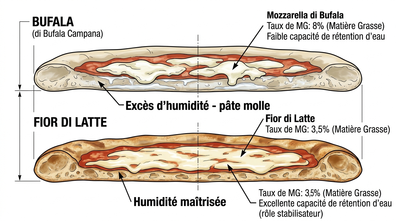 Schéma comparaison humidité mozzarella di bufala vs fior di latte sur pizza