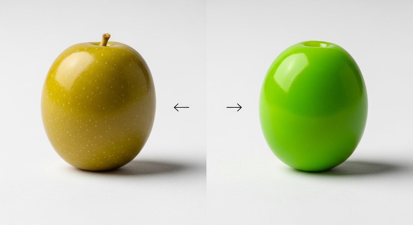 Comparaison olive Nocellara authentique vs olive industrielle verte fluo