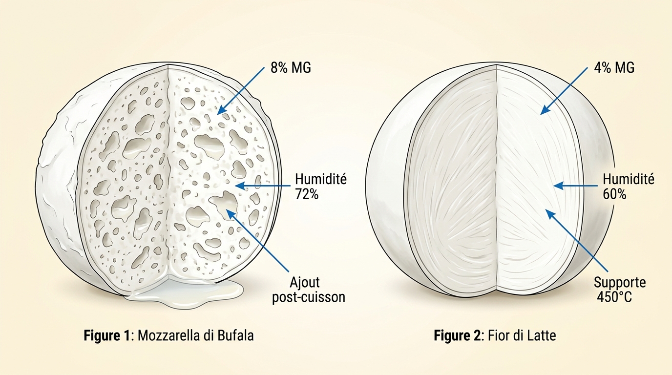 Comparatif technique mozzarella di bufala et fior di latte en coupe