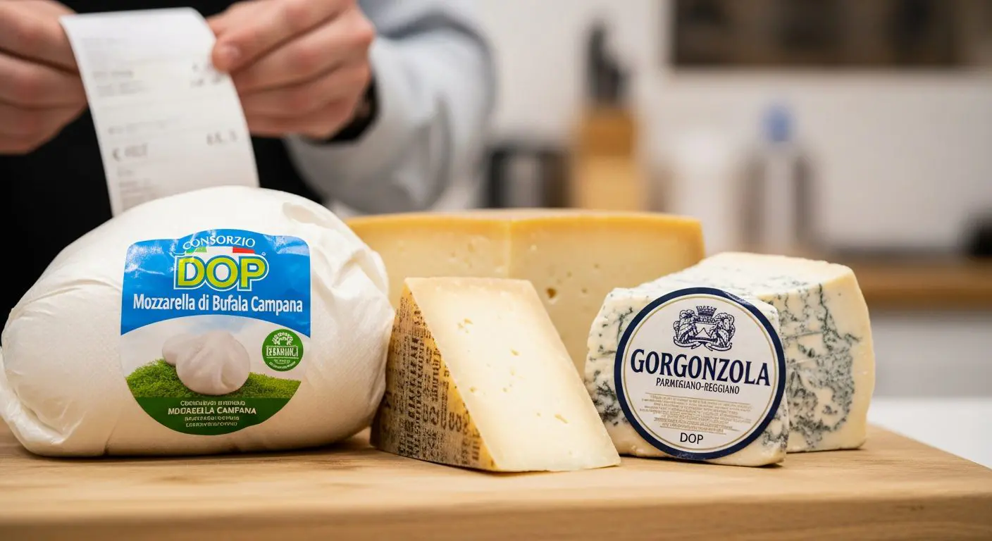 Étiquettes fromages DOP italiens Mozzarella Bufala Parmigiano Gorgonzola