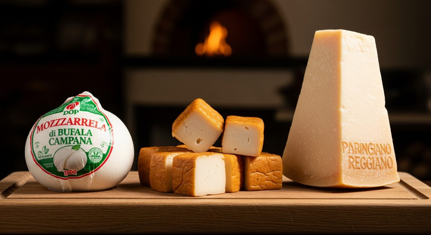 Fromages italiens DOP pour pizza : bufala, scamorza et parmesan