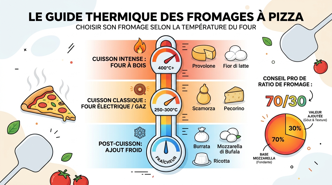 Infographie températures cuisson fromages pizza italienne et ratios