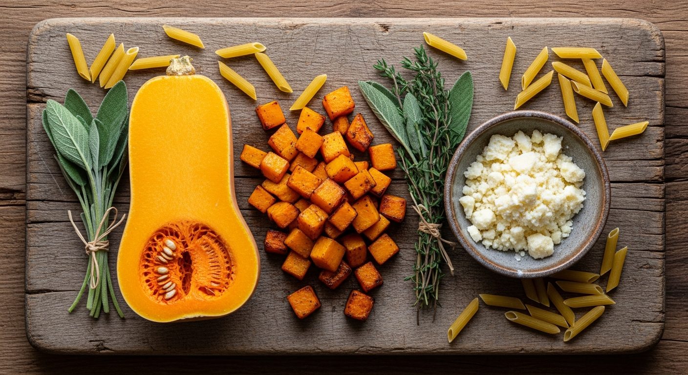 Ingrédients butternut pasta : courge rôtie, pecorino, herbes fraîches et pâtes