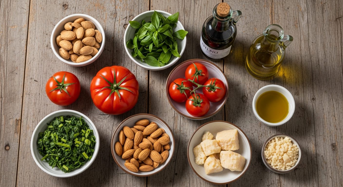 Ingrédients frais du pesto trapanese : amandes Avola, tomates, basilic