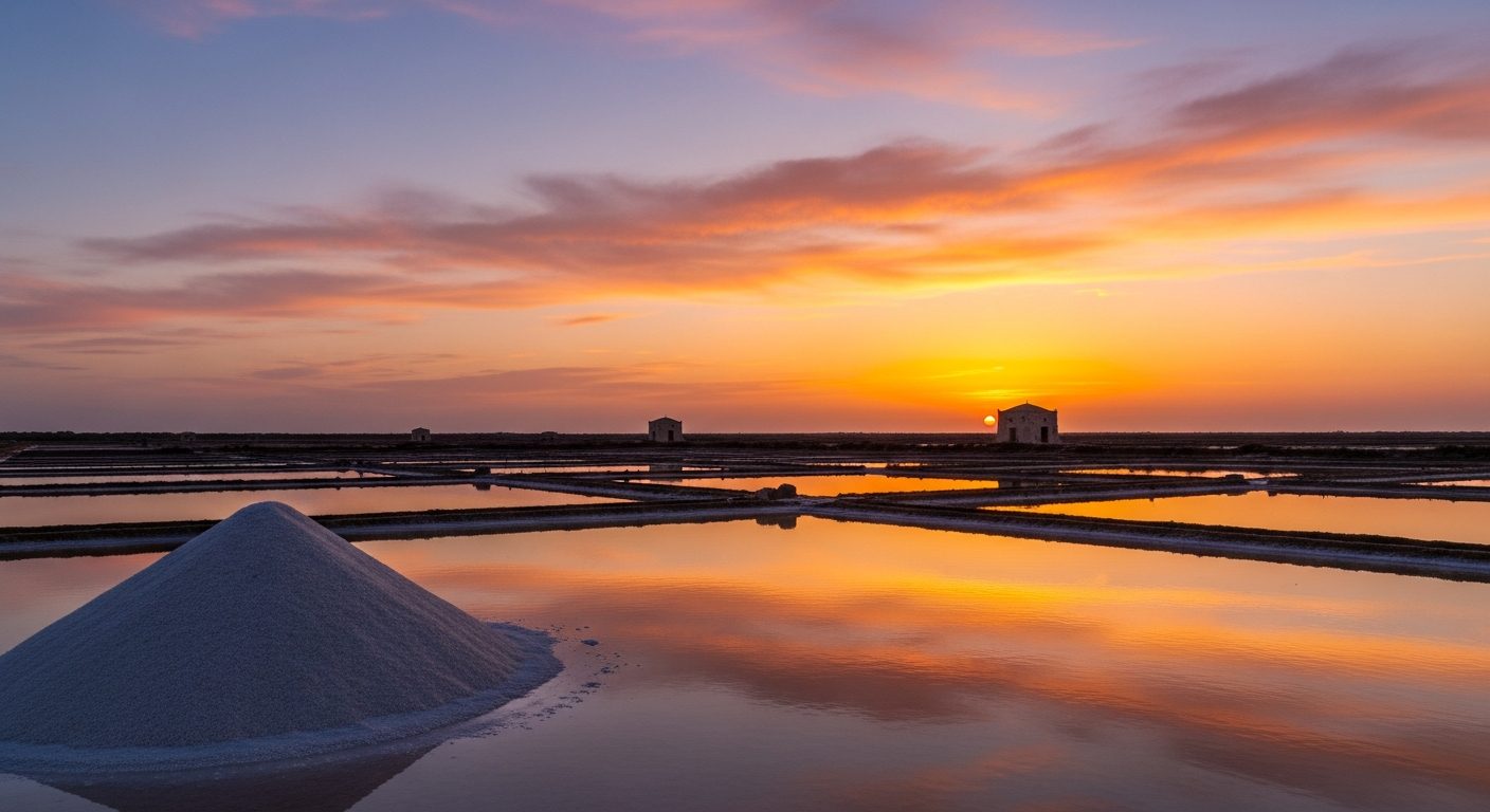 Marais salants de Trapani au coucher de soleil avec moulins à vent