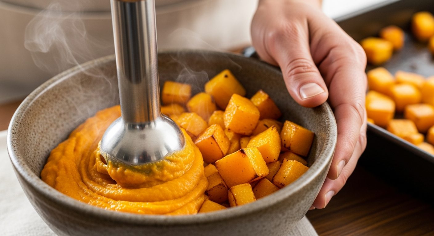 Mixage de la butternut rôtie pour créer la sauce crémeuse
