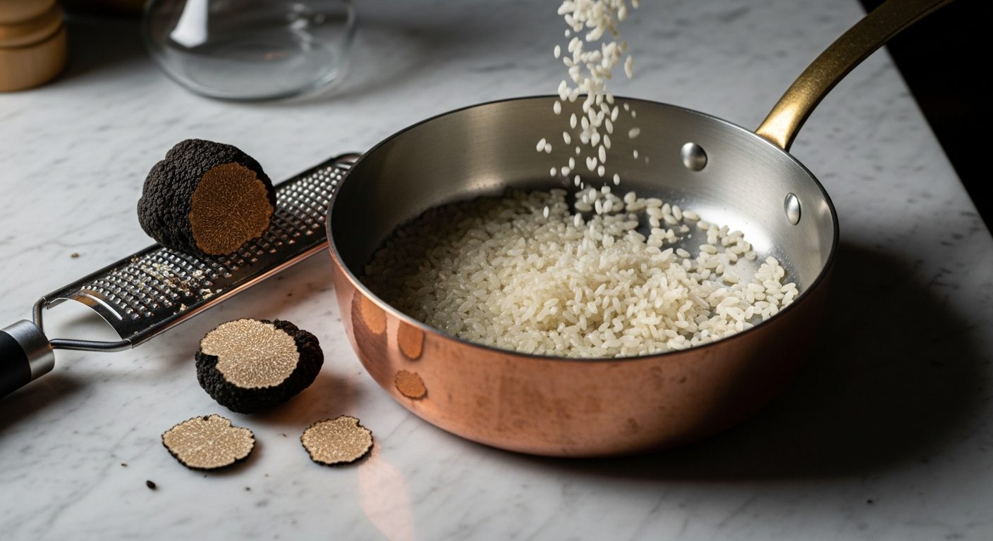 Riz carnaroli nacré avec brisures de truffe noire