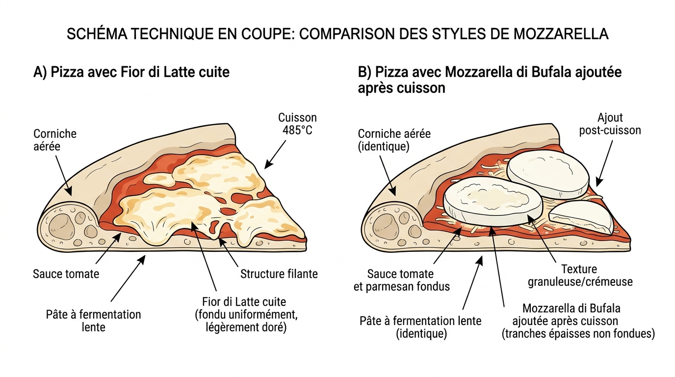Schéma technique cuisson fior di latte versus mozzarella di bufala post-cuisson