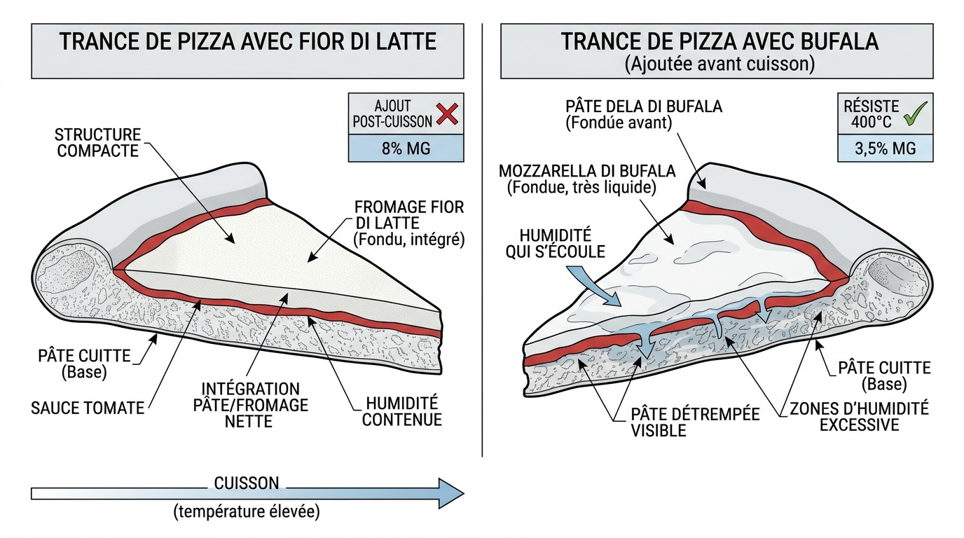 Schéma comparatif humidité mozzarella bufala vs fior di latte pizza