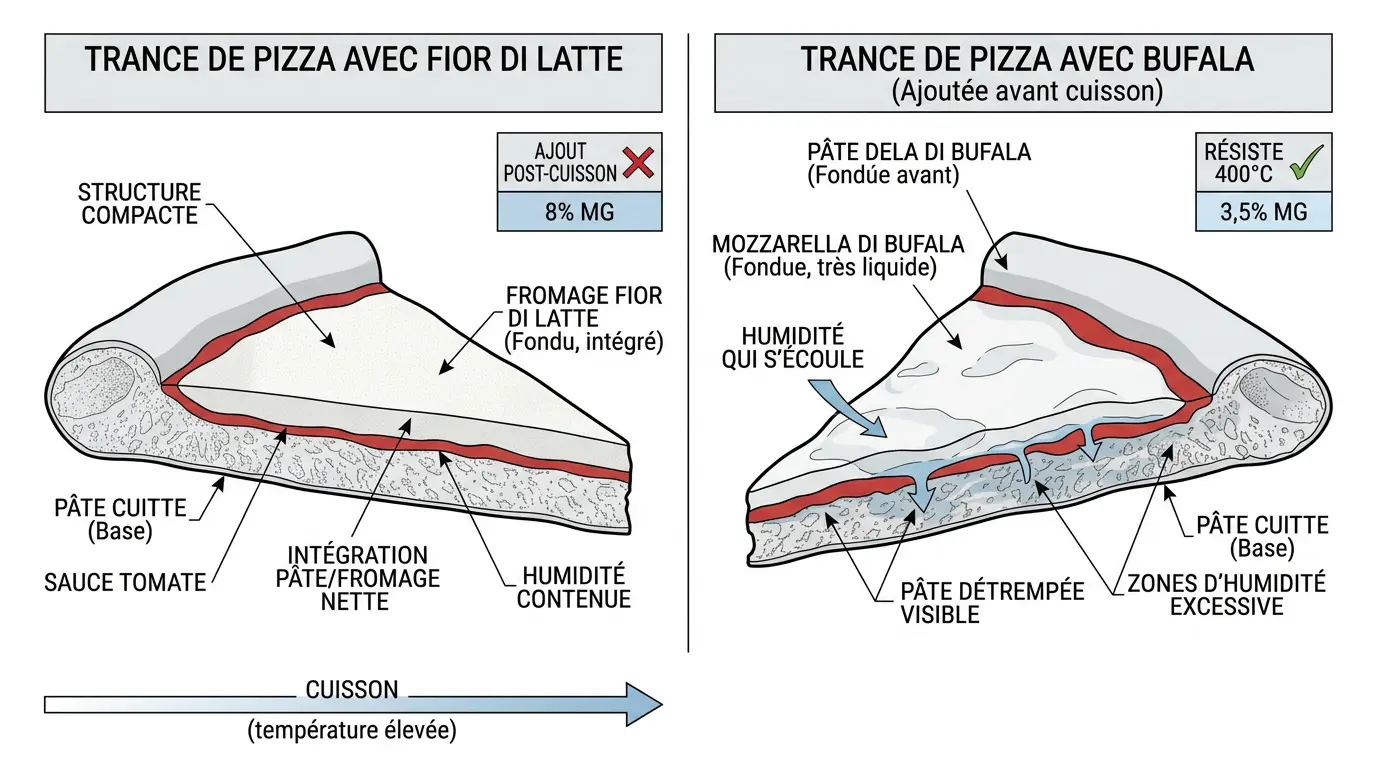 Schéma comparatif humidité mozzarella bufala vs fior di latte pizza