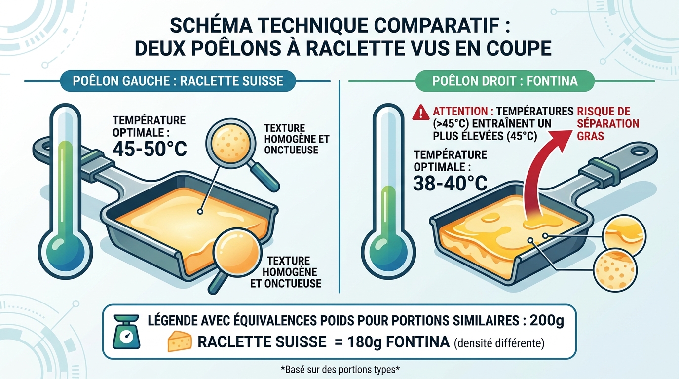 Schéma température fonte Fontina vs raclette suisse comparatif technique