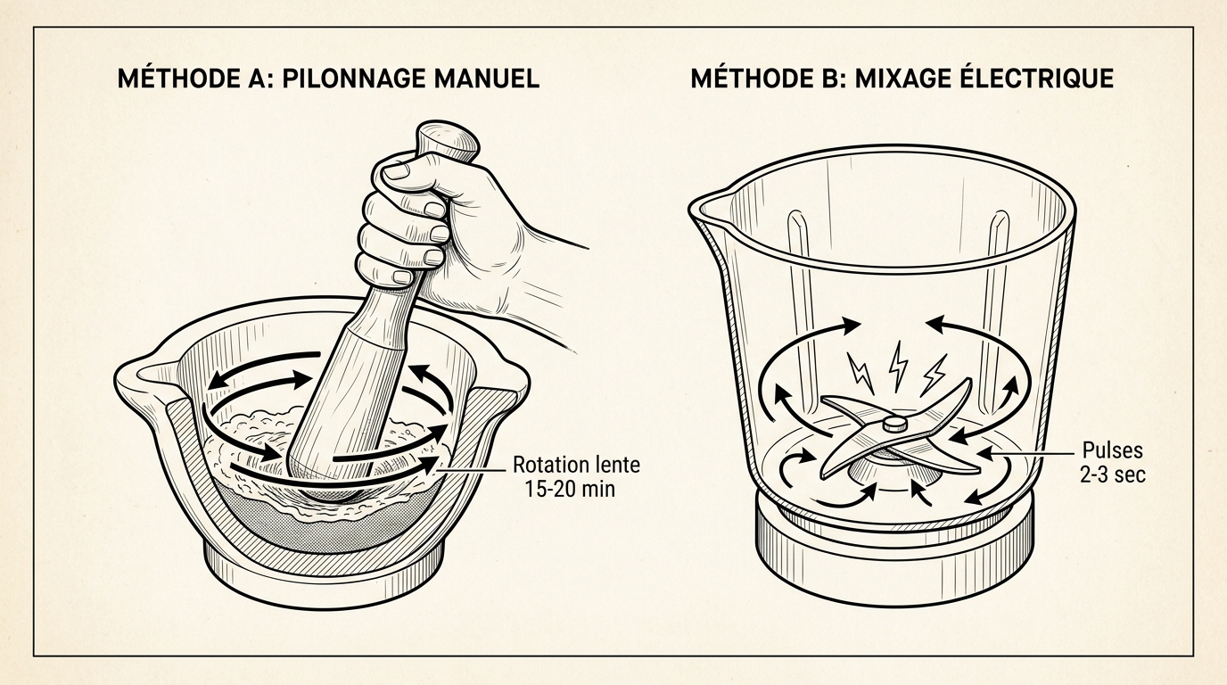 Schéma comparaison technique mortier rotation circulaire vs mixeur pulses