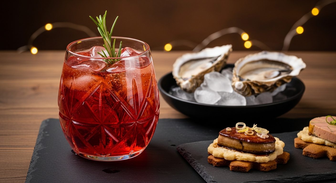 Aperol Spritz Noël servi avec huîtres et foie gras pour apéritif festif