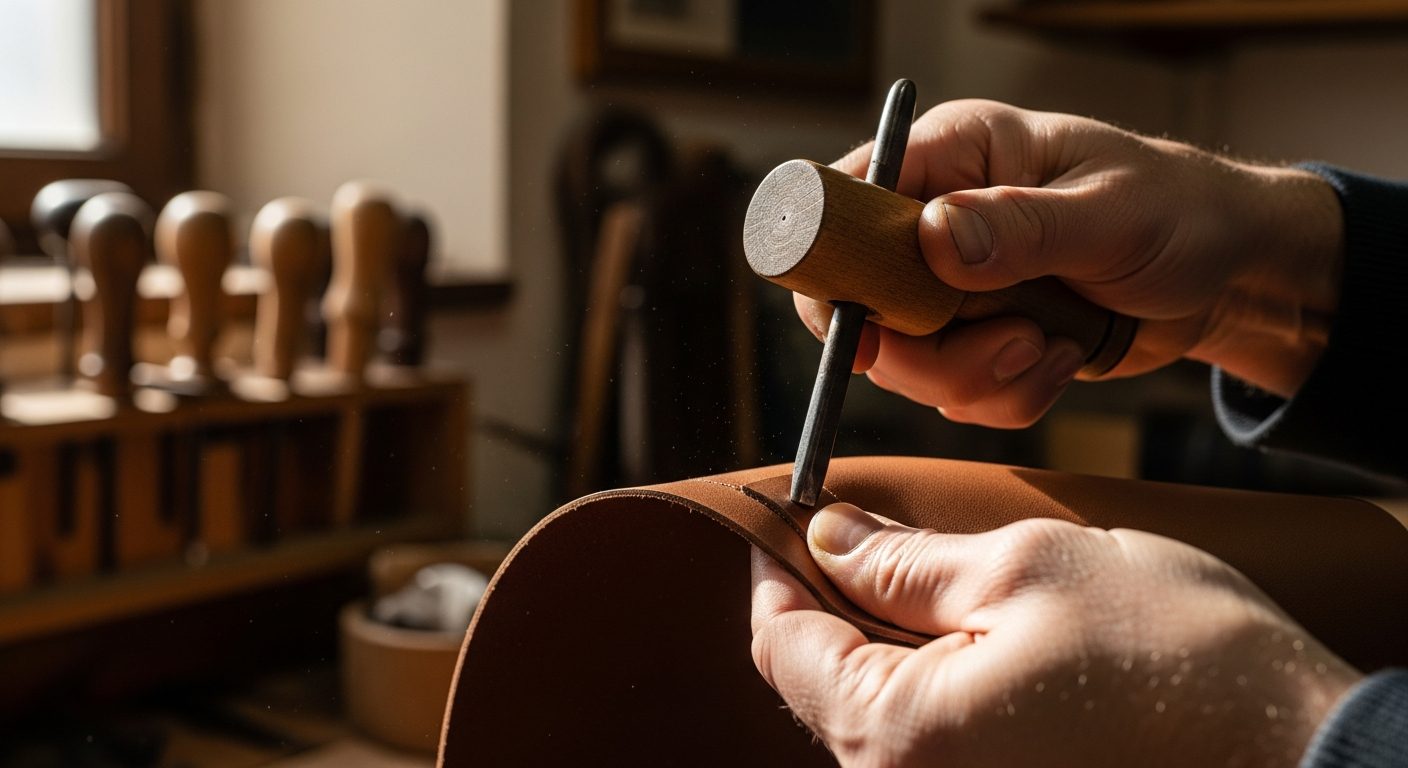 Artisan toscan utilisant outil bois bussetto pour mouler cuir végétal