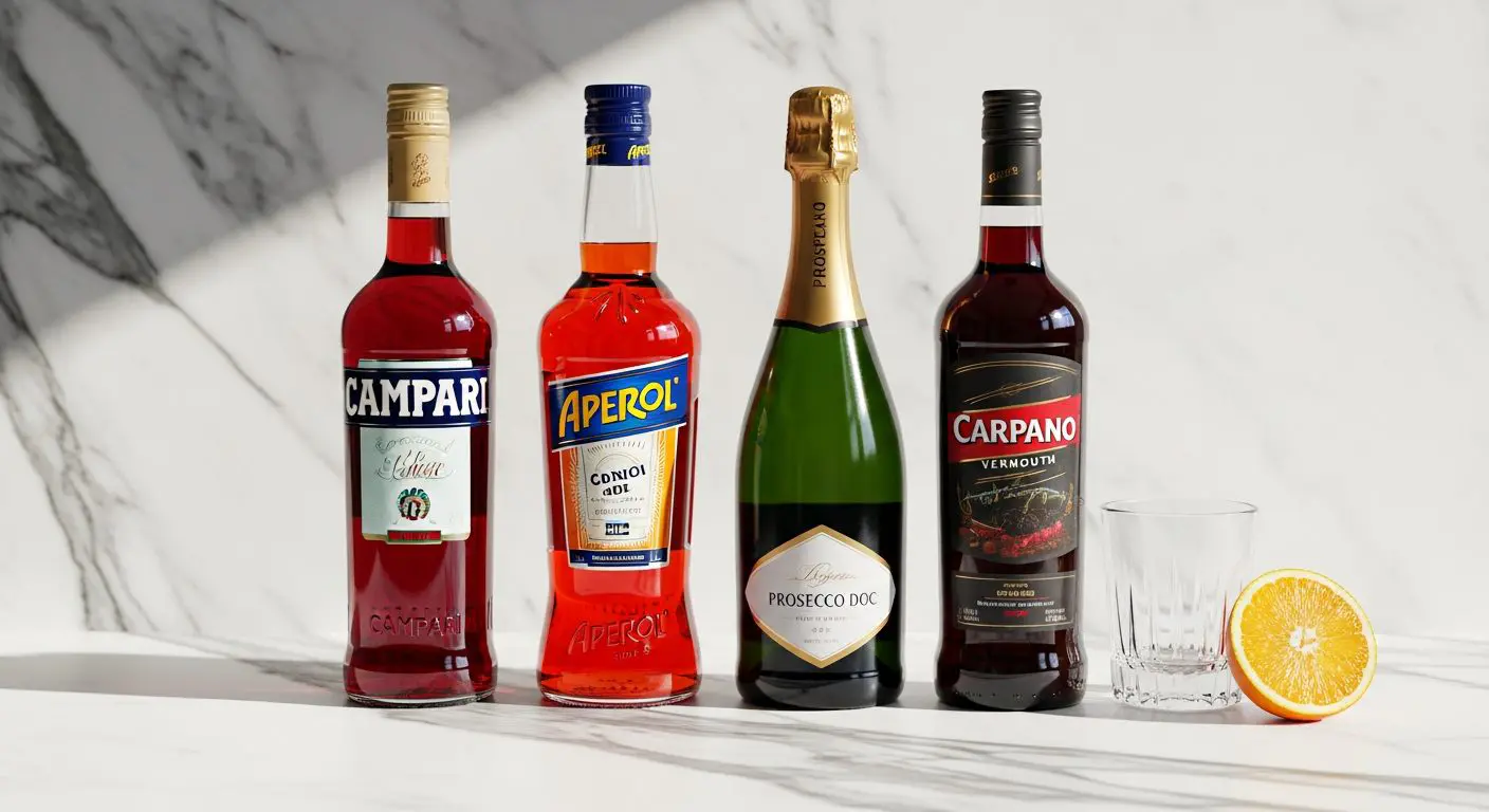 Bouteilles essentielles bar italien Campari Aperol Prosecco Vermouth