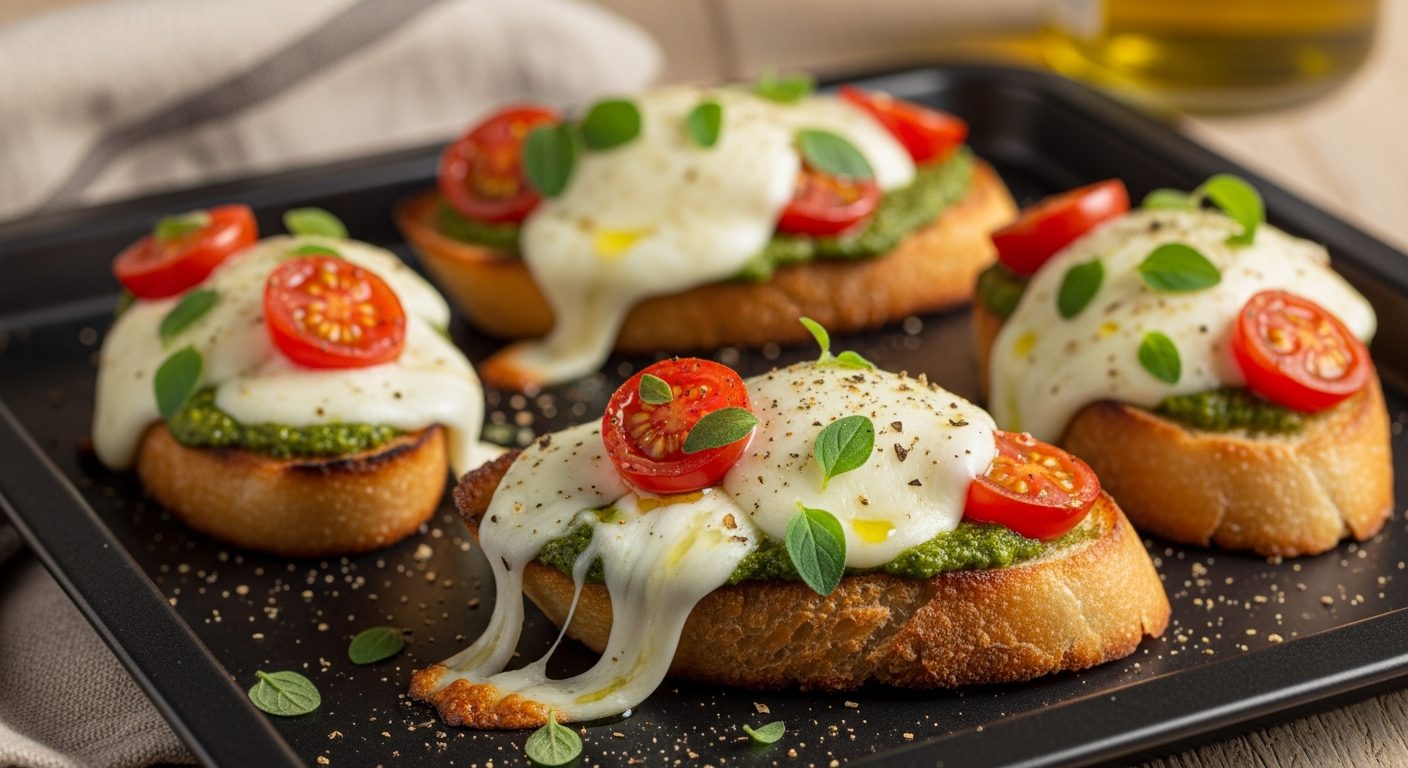 Bruschetta pesto mozzarella dorée sortie du four