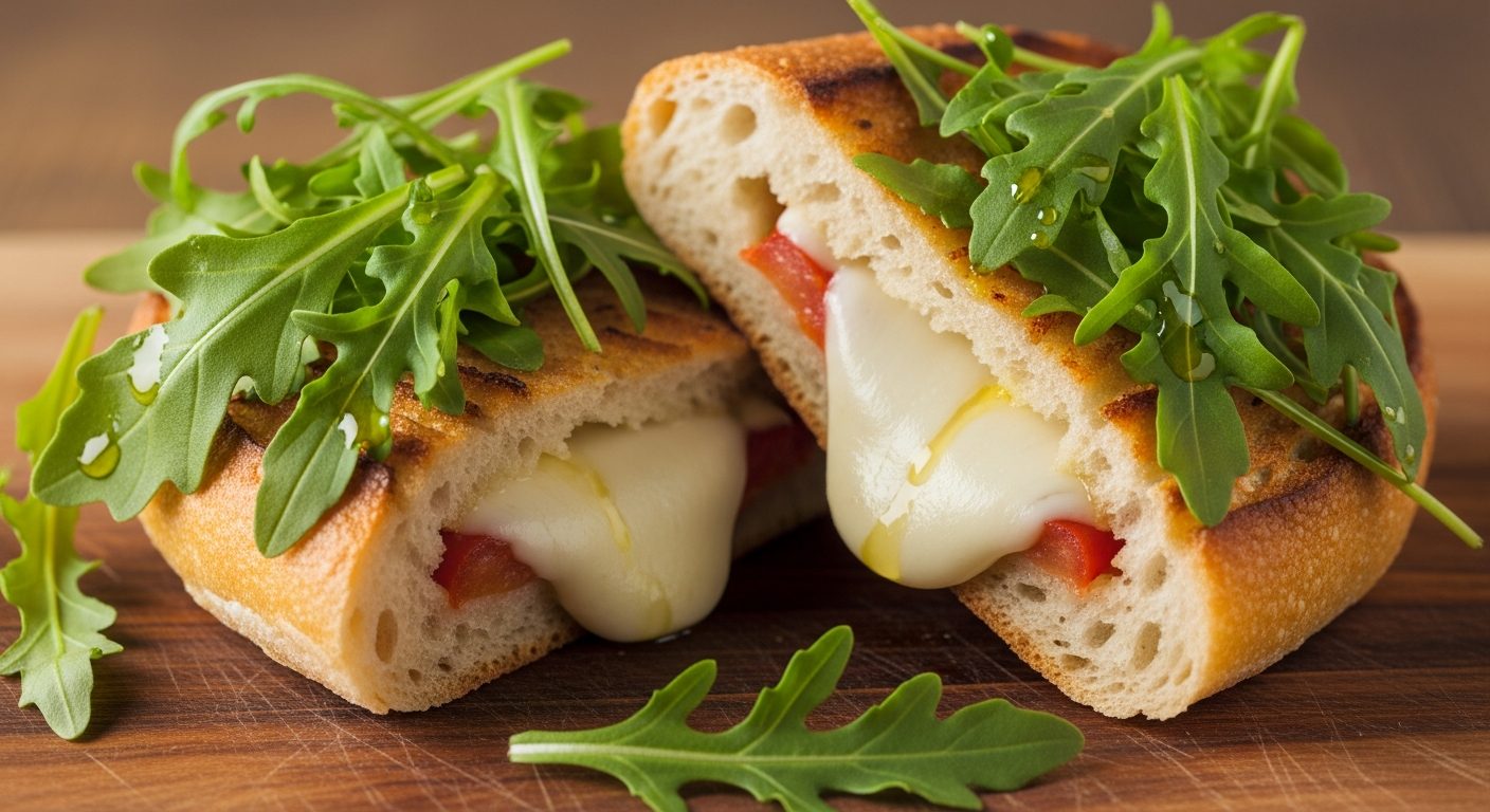 Bruschetta pesto mozzarella coupée en deux texture croquante