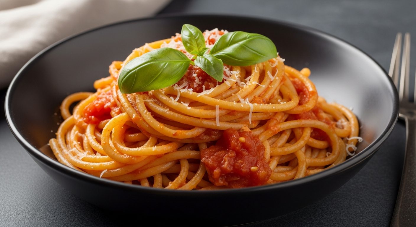 Assiette de bucatini sauce spianata tomate et pecorino