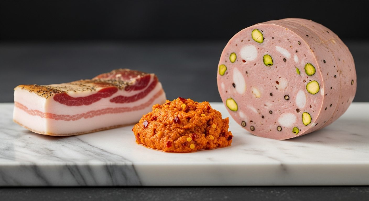 Guanciale Nduja et Mortadelle IGP qualité premium sur marbre