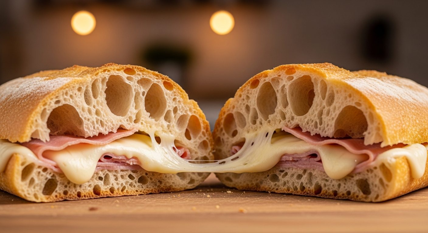 Ciabatta garnie coupée alvéolage mozzarella fondue croûte croustillante