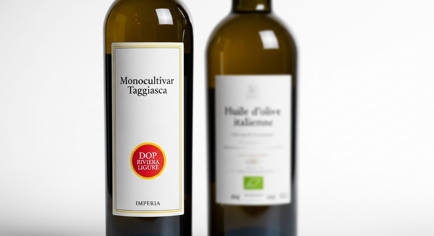 Comparaison étiquette huile taggiasca authentique DOP vs générique