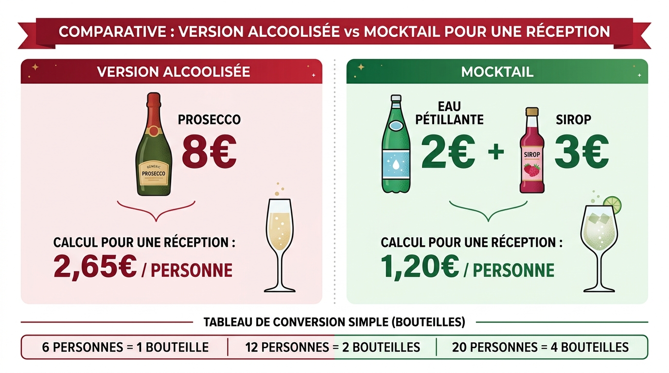 Infographie comparatif coût cocktail prosecco avec alcool et sans alcool pour Noël